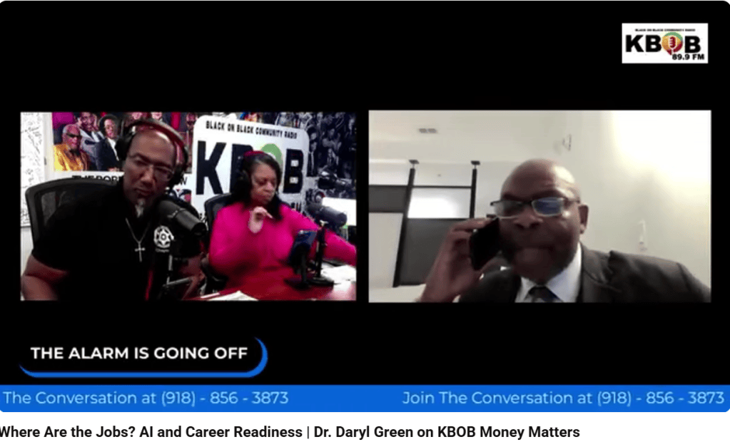 Split-screen image of Dr. Daryl Green joining Money Matters hosts Dr. Courtney Skipper and Dr. Smiley Elmore on KBOB 89.9 FM.